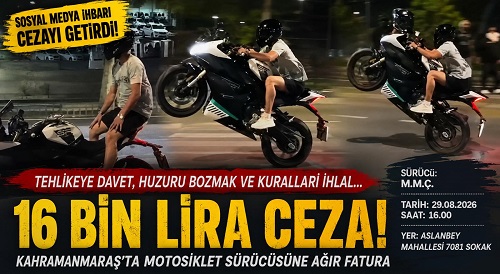 
Kahramanmaraş’ta sosyal medya ihbarı üzerine harekete geçen trafik ekipleri, motosiklet